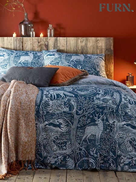 furn. Midnight Blue Winter Woods Animal Reversible Christmas Duvet Cover and Pillowcase Set (646612) | £17 - £32