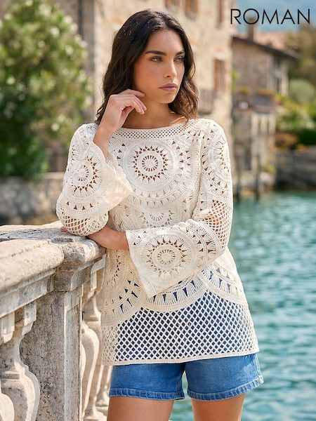 White - Roman Longline Crochet Knit Tunic