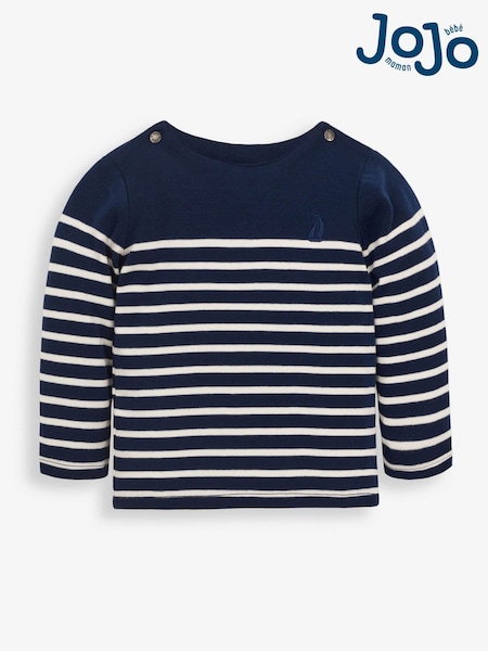 JoJo Maman Bébé Navy Blue Ecru Cream Stripe Long Sleeved Breton Top (649513) | £13 - £16