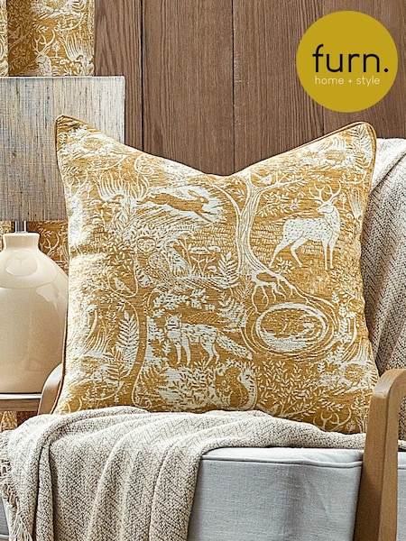 furn. Ochre Yellow Winter Woods Animal Chenille Cushion (650411) | £28
