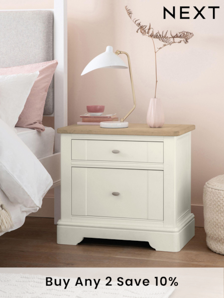 Chalk White Hampton Country Collection Luxe Painted Oak 2 Drawer Wide Bedside Table (651106) | £375