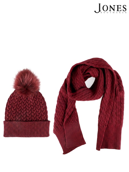 Burgundy Red - Jones Bootmaker Valkyrie Soft Knitted Pom Hat & Scarf Set