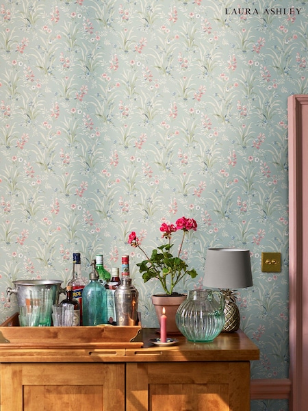 Laura Ashley Blue Mosedale Posy Dark Duck Egg Blue A4 Wallpaper Sample (655584) | £1
