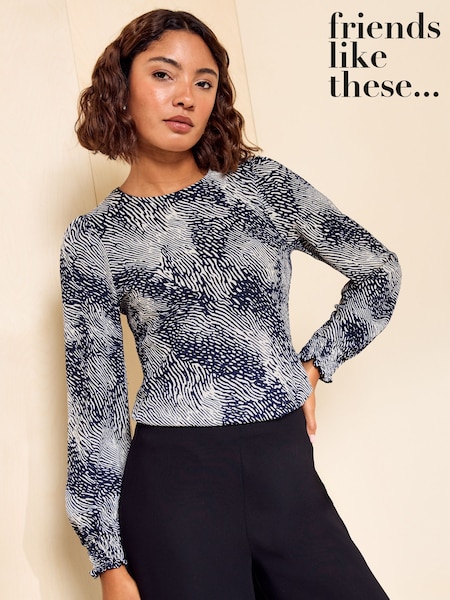 Navy Print - Friends Like These Shirred Cuff Top