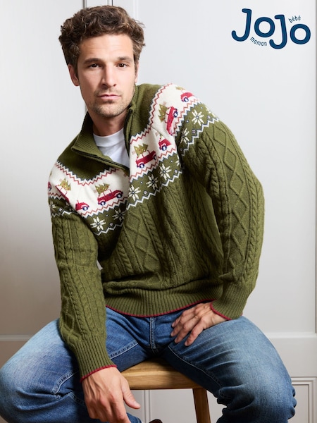 Dark Green - Regular Jojo Maman Bébé Men's Long Sleeve Christmas Car Fairisle Jumper