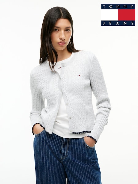 Grey - Tommy Jeans Cable Knit Scalloped Trim Slim Cardigan