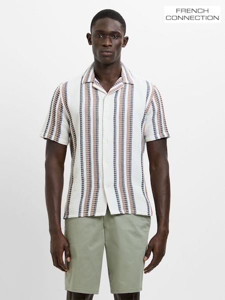 White - Regular French Connection Cotton Blend Striped Waffle-knit Button Short Sleeve Shirt