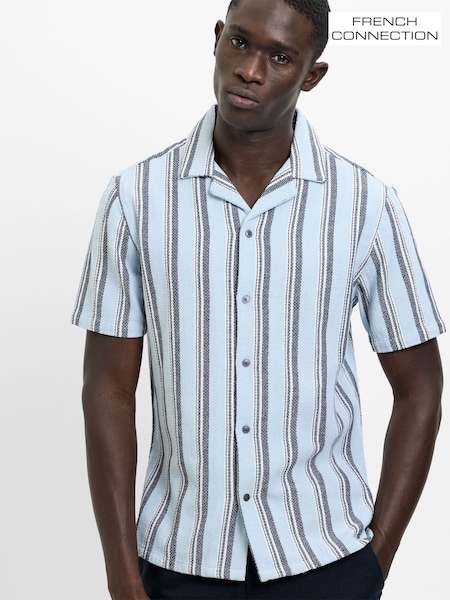 Blue - Regular French Connection Cotton Blend Striped Textured Revere Collar Button Short Sleeve Shirt