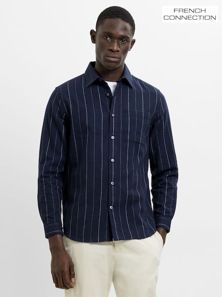 Blue - Regular French Connection Pinstripe Button Chest Pocket Long Sleeve Shirt