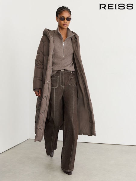 Taupe Neutral - Reiss Larissa Belted Longline Hooded Puffer Coat