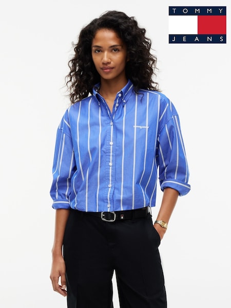 Blue - Tommy Jeans Oversized Fit Cropped Gathered Poplin Shirt