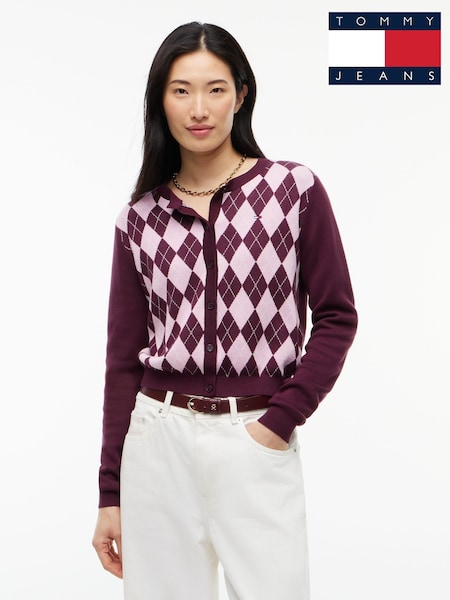 Pink - Tommy Jeans Argyle Crew Neck Cardigan
