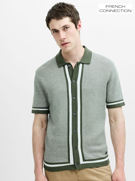Green - Regular French Connection Cotton Contrast Striped Button Short Sleeve Polo Shirt