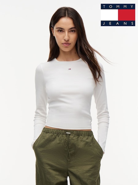 White - Tommy Jeans Slim Ribbed Long Sleeve T-shirt