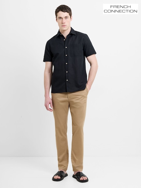 Black - Regular French Connection Cotton Linen Blend Chest Pocket Button Short Sleeve Shirt