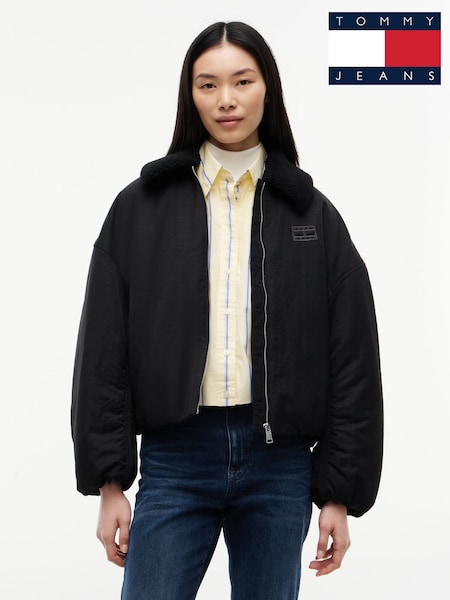 Black - Tommy Jeans Faux Fur Collar Oversized Bomber Jacket