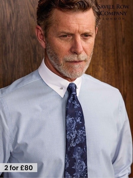 Blue - Regular Savile Row Company Slim Fit Striped Cotton Pin Collar Double Cuff Winchester Formal Shirt