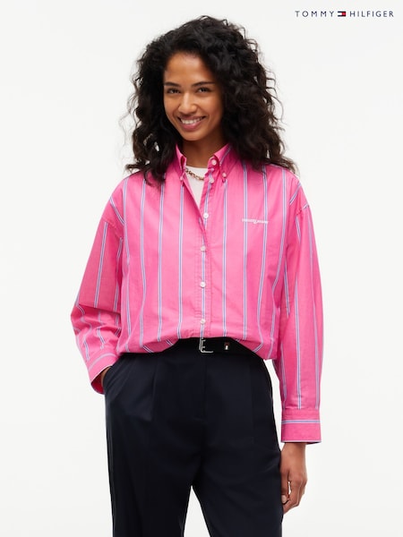 Pink - Tommy Jeans Oversized Fit Cropped Gathered Poplin Shirt