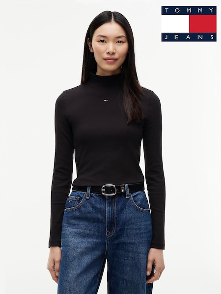 Black - Tommy Jeans Slim Mock Neck Long Sleeve T-shirt