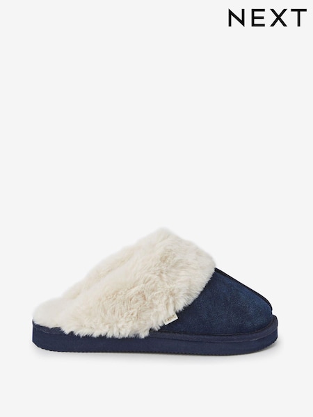 Navy Suede Faux Fur Lined Mule Slippers (659483) | £21