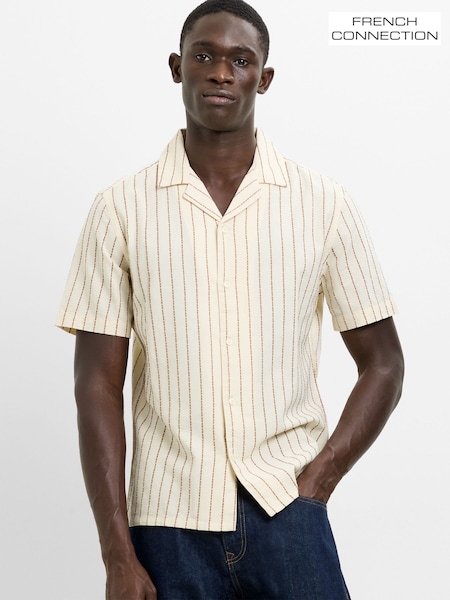 Cream - Regular French Connection Cotton Striped Revere Collar Button Short Sleeve Shirt