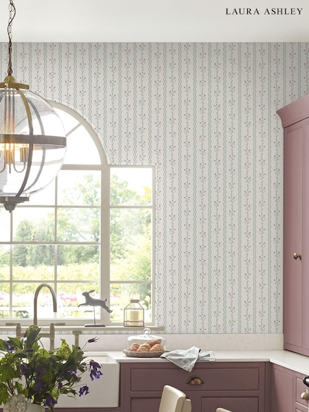 Laura Ashley Dark Duck Egg Blue Blencow Stripe 10M Wallpaper (661837) | £48