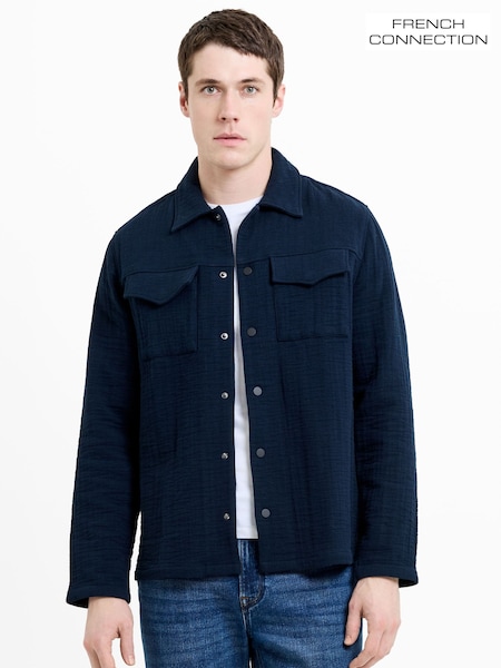 Blue - Regular French Connection Textured Canvas Long Sleeve Chest Pocket Button Shirt