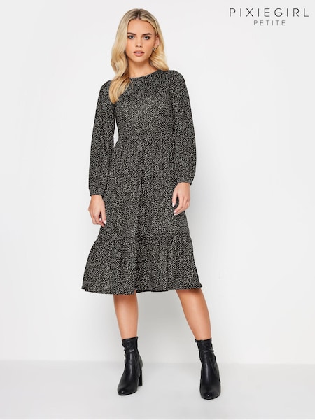 PixieGirl Petite Black Tiered Long Sleeve Midi Dress (663225) | £34