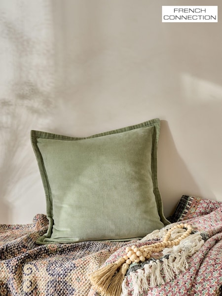 French Connection Sage Green 100% Cotton Washed Velvet Cushion (663477) | £26 - £32