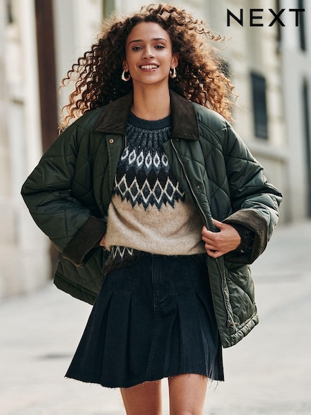 Khaki Green Quilted Corduroy Collar Shower Resistant Jacket (665251) | £78