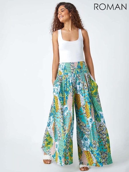 Roman Blue Paisley Elasticated Stretch Palazzo Trousers (666924) | £32