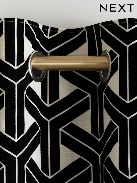 Black/White Geometric Flocked Velvet Eyelet Curtains (667097) | £85 - £165