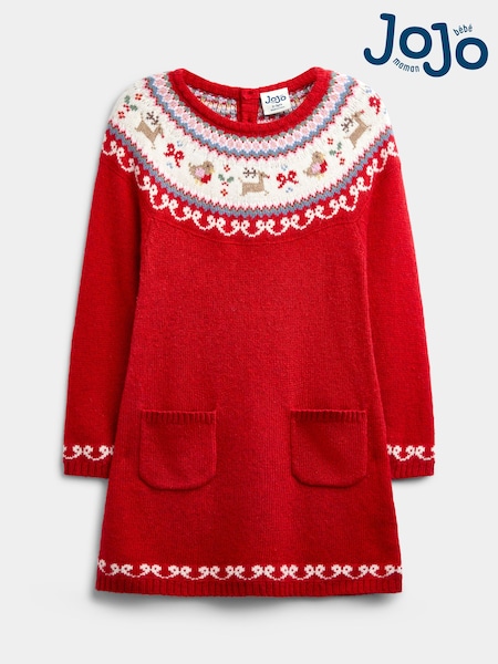 Bright Red Reindeer - Jojo Maman Bébé Fairisle Knitted Dress