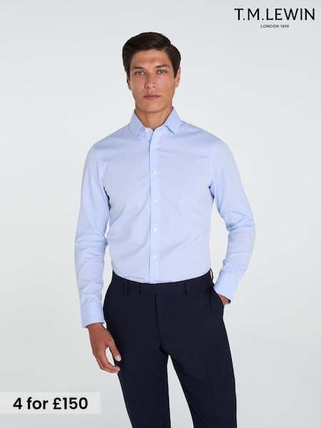 Blue - Slim Fit Tm Lewin Non-iron Regular Plain Poplin Single Cuff Shirt