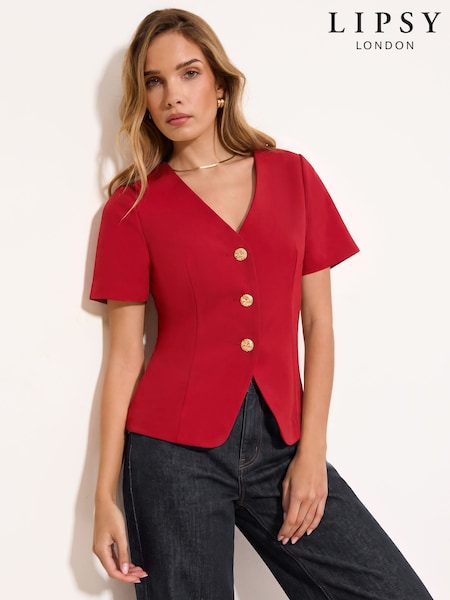 Red - Lipsy Short Sleeve Button Through Top