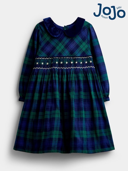 Navy Blue Tartan - Jojo Maman Bébé Velvet Collar Christmas Smocked Dress