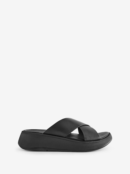 FitFlop F-Mode Leather Flatform Black Cross Slides (671166) | £120