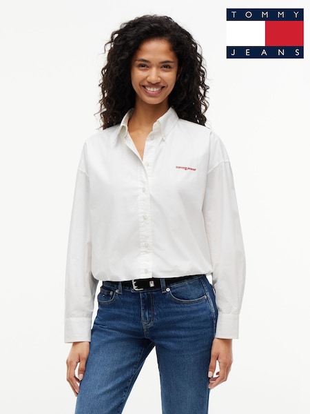 Natural - Tommy Jeans Oversized Fit Cropped Gathered Poplin Shirt