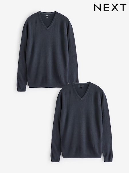 Navy Blue V-Neck Regular Fit Soft Touch Jumpers 2 Pack (674807) | £36