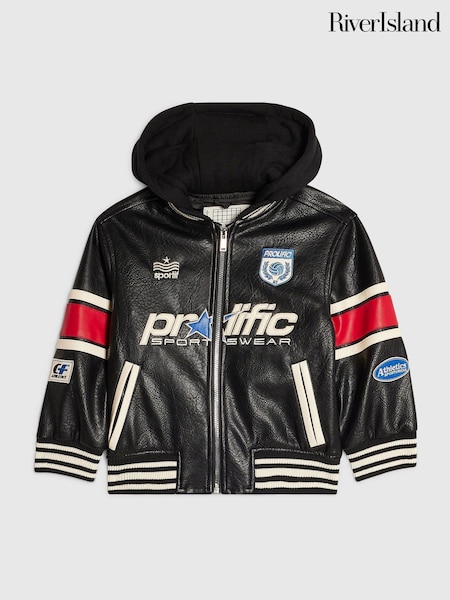 Black - River Island Pu Badge Varsity Bomber Jacket