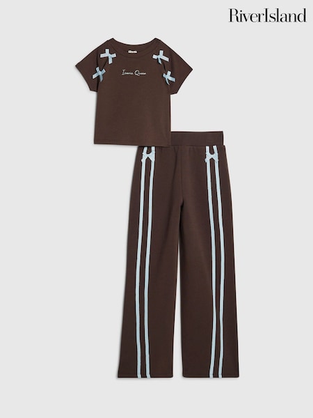 Brown - River Island Bow Top & Wide Leg Joggers Set