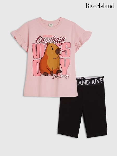 Pink - River Island Capybara T-shirt & Cycle Shorts Set