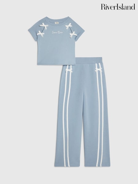 Blue - River Island Bow Top & Wide Leg Joggers Set