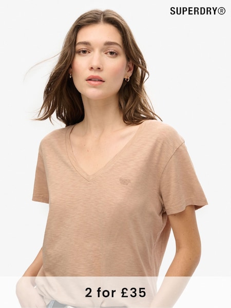 Superdry Light Taupe Slub Embroidered Relaxed V-Neck T-Shirt (675506) | £20
