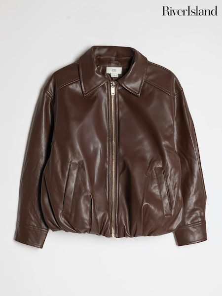 Brown - River Island Faux Leather Bubble Hem Bomber Jacket