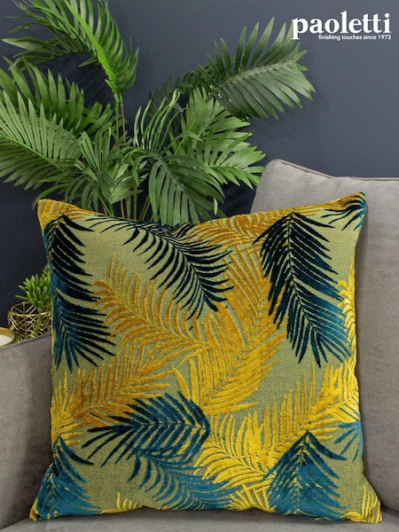 Riva Paoletti Gold/Teal Blue Palm Grove Velvet Polyester Filled Cushion (676393) | £18