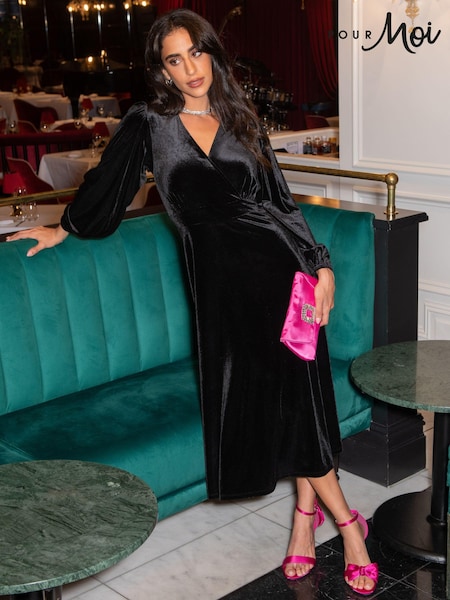 Pour Moi Black Charlotte Tie Back Stretch Velvet Long Sleeve Midi Dress (679961) | £65