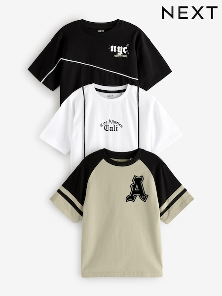 Black/White/Stone Grunge Varsity Relaxed Fit Graphic Print Short Sleeve 100% Cotton T-Shirts 3 Pack (3-16yrs) (681851) | £22 - £28