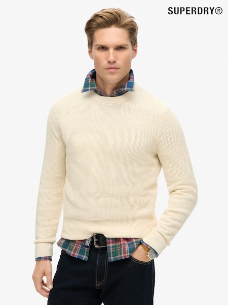 Superdry Ecru Heather Textured Crew 100% Cotton Knit Jumper (683631) | £60