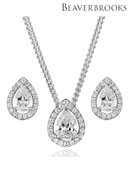 Beaverbrooks Sterling Cubic Zirconia Pear Pendant and Earrings Set (684059) | £99